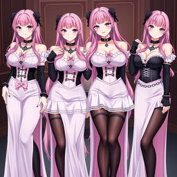 A stunning scene featuring four sexy gothic anime dominatrix girls, each displaying a flustered subtle smile complemented by blush on their cheeks