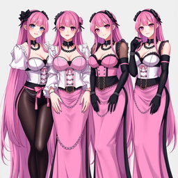 A stunning scene featuring four sexy gothic anime dominatrix girls, each displaying a flustered subtle smile complemented by blush on their cheeks