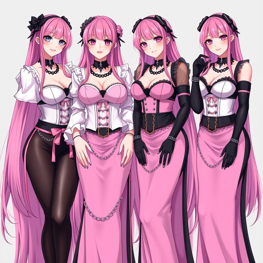 A stunning scene featuring four sexy gothic anime dominatrix girls, each displaying a flustered subtle smile complemented by blush on their cheeks