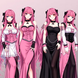 A visually stunning scene featuring four sexy gothic anime dominatrix girls, each displaying flustered subtle smiles with a hint of blush on their cheeks