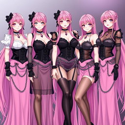 A visually stunning scene featuring four sexy gothic anime dominatrix girls, each displaying flustered subtle smiles with a hint of blush on their cheeks