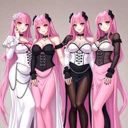 A visually stunning scene featuring four sexy gothic anime dominatrix girls, each displaying flustered subtle smiles with a hint of blush on their cheeks