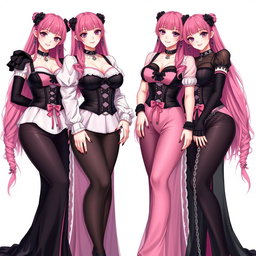 A visually stunning scene featuring four sexy gothic anime dominatrix girls, each displaying flustered subtle smiles with a hint of blush on their cheeks