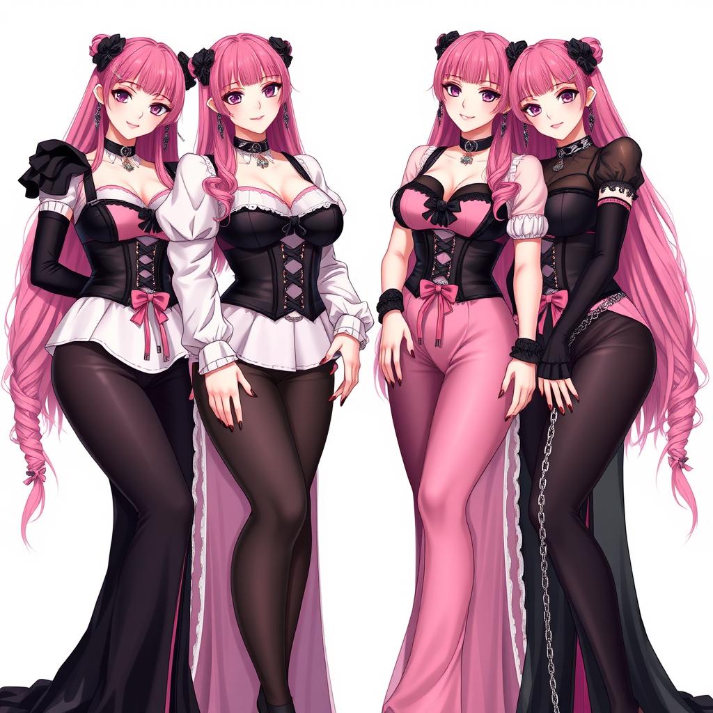 A visually stunning scene featuring four sexy gothic anime dominatrix girls, each displaying flustered subtle smiles with a hint of blush on their cheeks