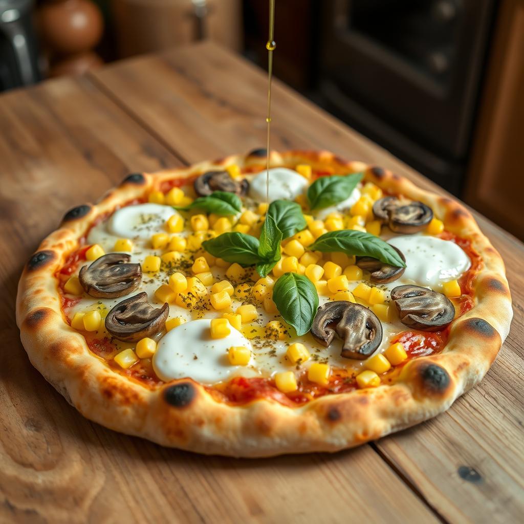 A delicious corn and mushroom pizza, beautifully presented on a rustic wooden table