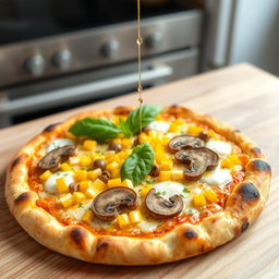 A delicious corn and mushroom pizza, beautifully presented on a rustic wooden table