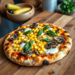 A delicious corn and mushroom pizza, beautifully presented on a rustic wooden table