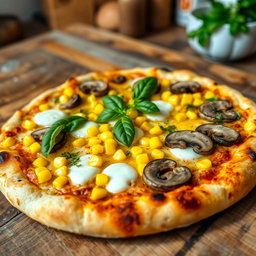 A delicious corn and mushroom pizza, beautifully presented on a rustic wooden table
