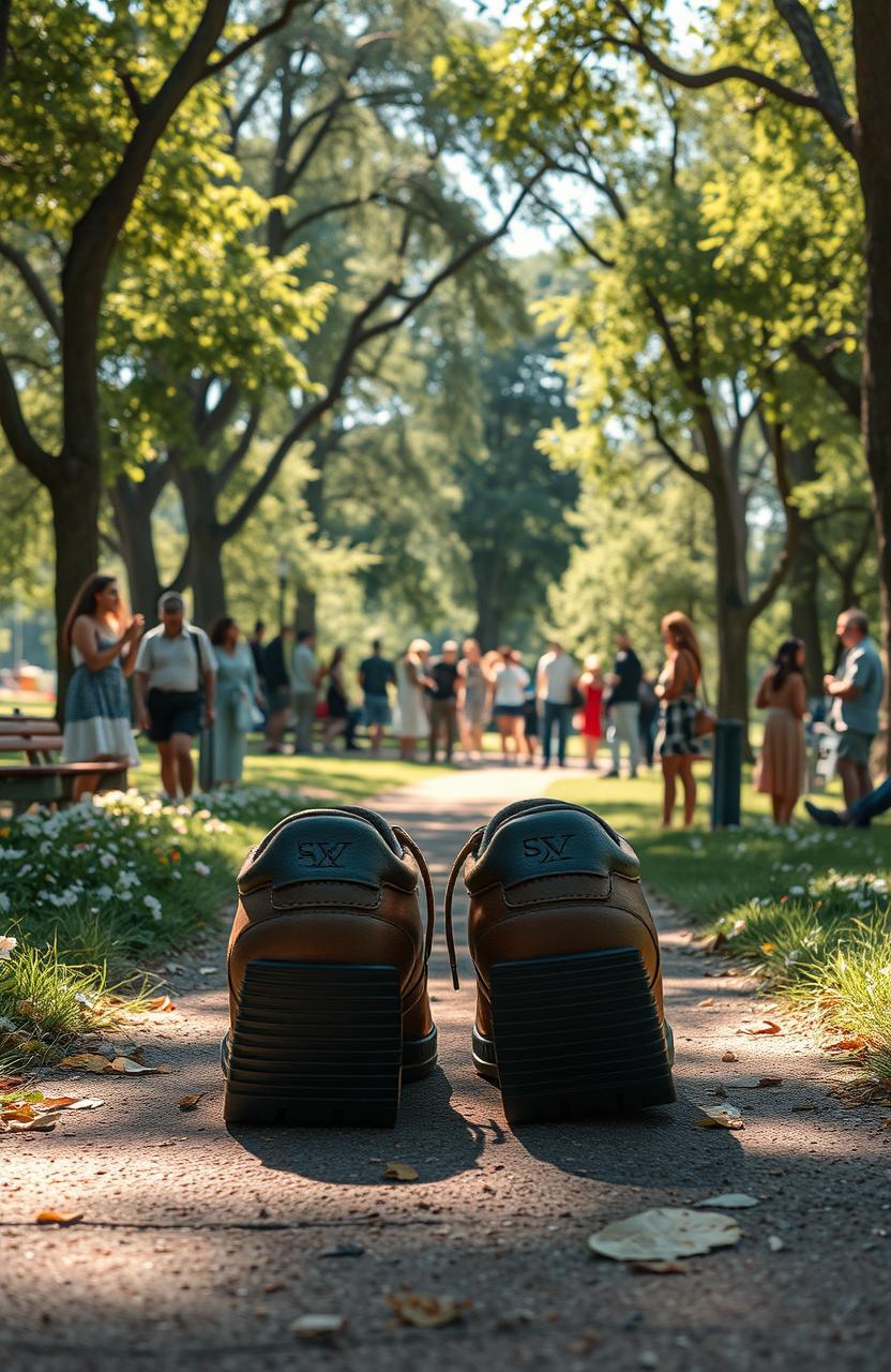 a literal interpretation of the phrase 'walk in someone's shoes', featuring a beautiful park setting with a pair of detailed shoes on a path surrounded by trees, flowers, and soft sunlight filtering through the leaves