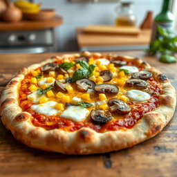 A beautifully baked corn and mushroom pizza, presented on a rustic wooden table