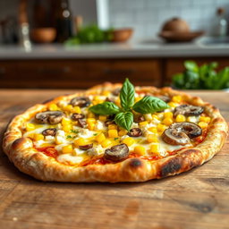 A beautifully baked corn and mushroom pizza, presented on a rustic wooden table