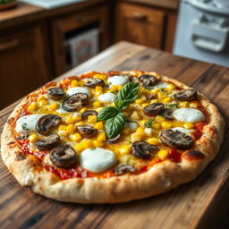 A beautifully baked corn and mushroom pizza, presented on a rustic wooden table