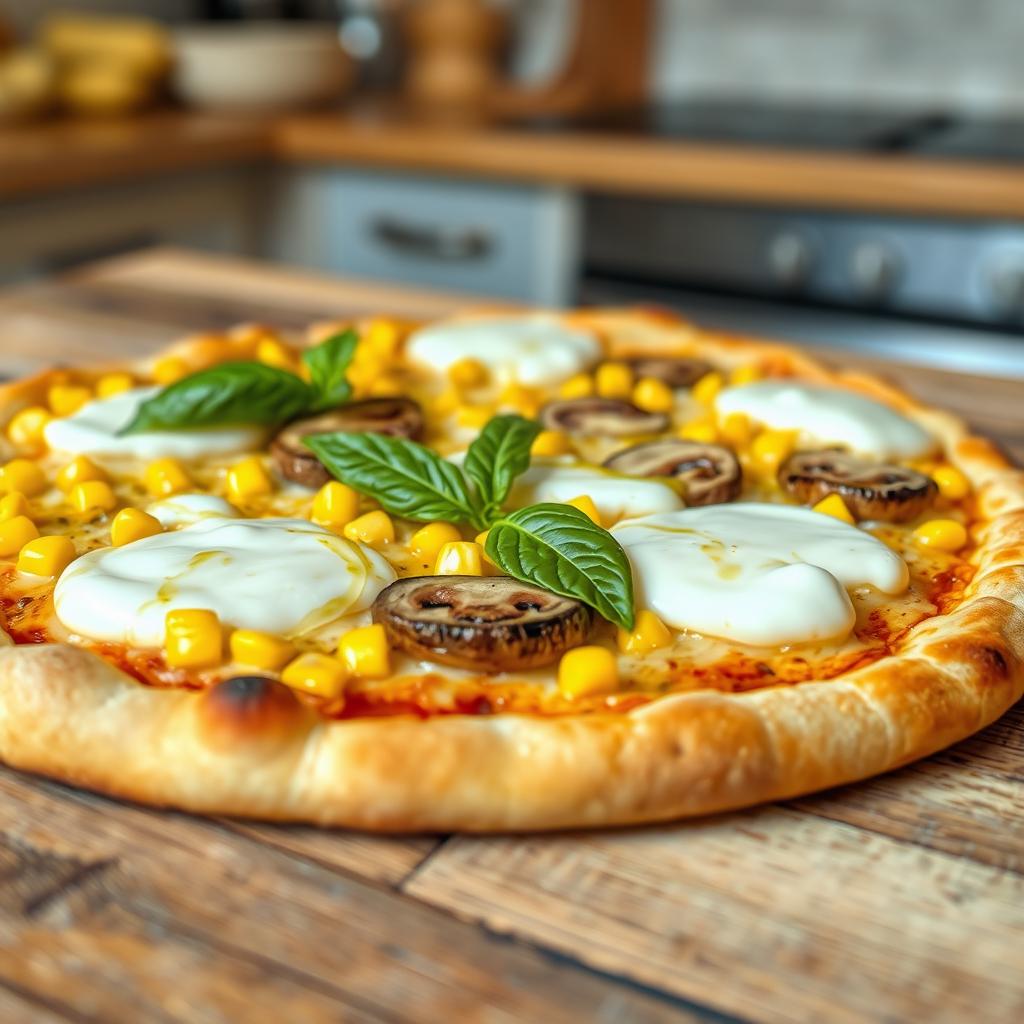 A beautifully baked corn and mushroom pizza, presented on a rustic wooden table