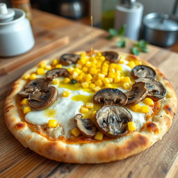 A delicious corn and mushroom pizza, beautifully presented on a rustic wooden table
