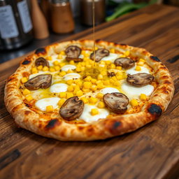 A delicious corn and mushroom pizza, beautifully presented on a rustic wooden table