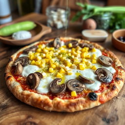 A delicious corn and mushroom pizza, beautifully presented on a rustic wooden table