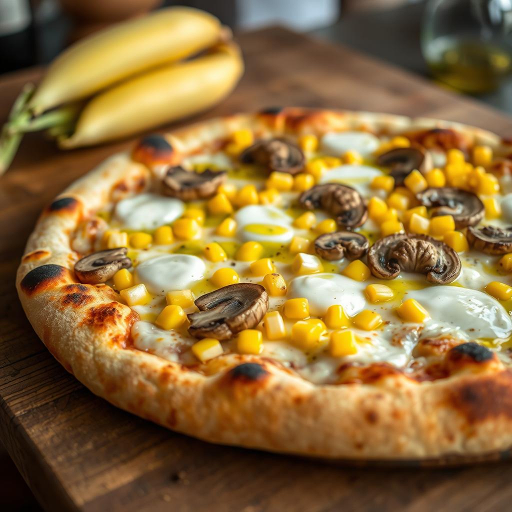 A delicious corn and mushroom pizza, beautifully presented on a rustic wooden table