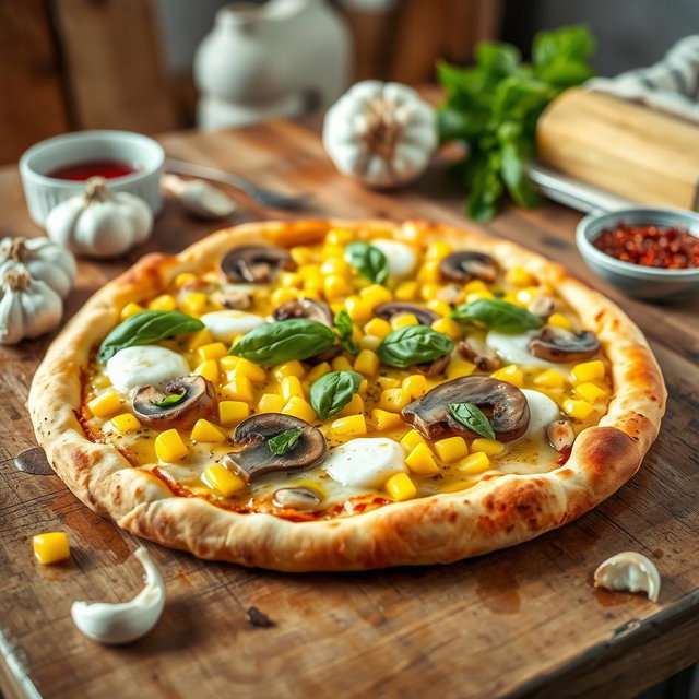 A complete and vibrant scene featuring a freshly baked corn and mushroom pizza, placed on a rustic wooden table