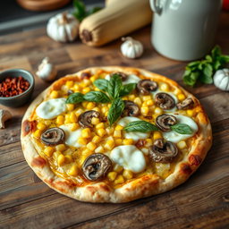 A complete and vibrant scene featuring a freshly baked corn and mushroom pizza, placed on a rustic wooden table