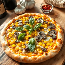 A complete and vibrant scene featuring a freshly baked corn and mushroom pizza, placed on a rustic wooden table