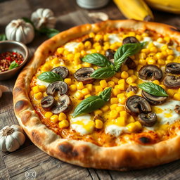A complete and vibrant scene featuring a freshly baked corn and mushroom pizza, placed on a rustic wooden table