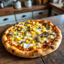 An appetizing and perfectly baked corn and mushroom pizza on a rustic wooden table