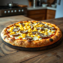 An appetizing and perfectly baked corn and mushroom pizza on a rustic wooden table