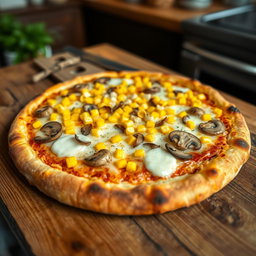 An appetizing and perfectly baked corn and mushroom pizza on a rustic wooden table