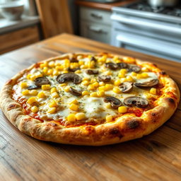 An appetizing and perfectly baked corn and mushroom pizza on a rustic wooden table