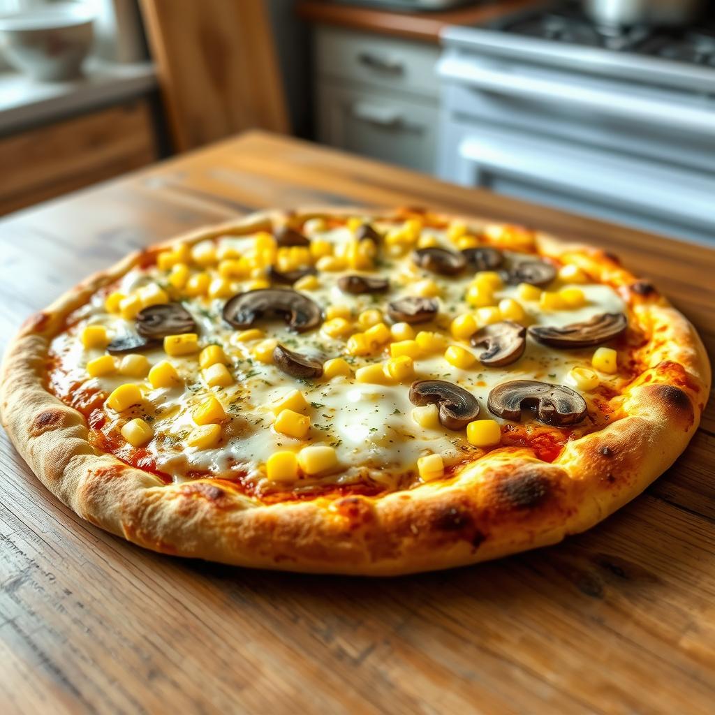An appetizing and perfectly baked corn and mushroom pizza on a rustic wooden table
