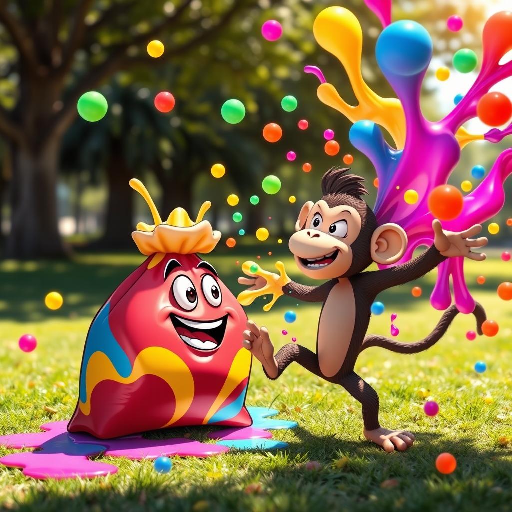 A whimsical scene depicting a playful battle between a bag and a monkey, with colorful globs flying through the air
