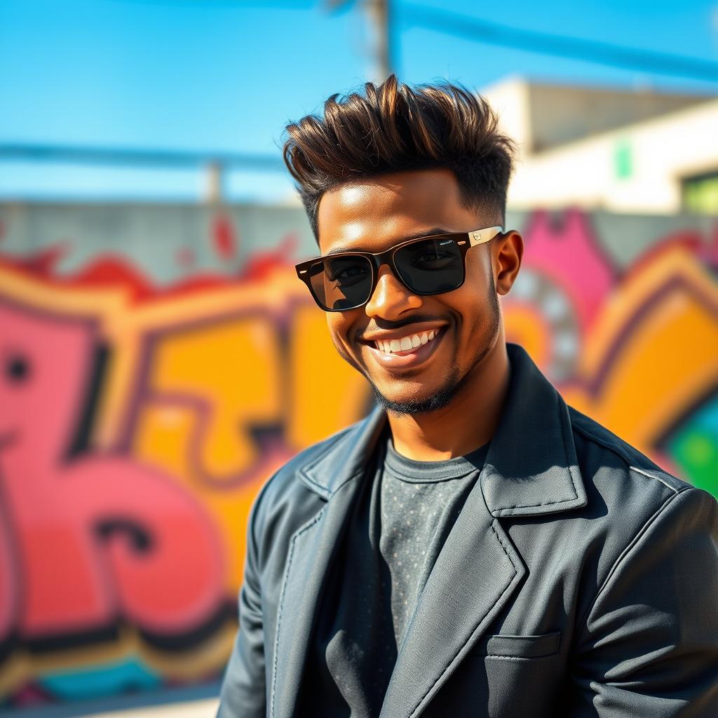 A portrait of a confident Black man in a stylish outfit, standing against an urban backdrop