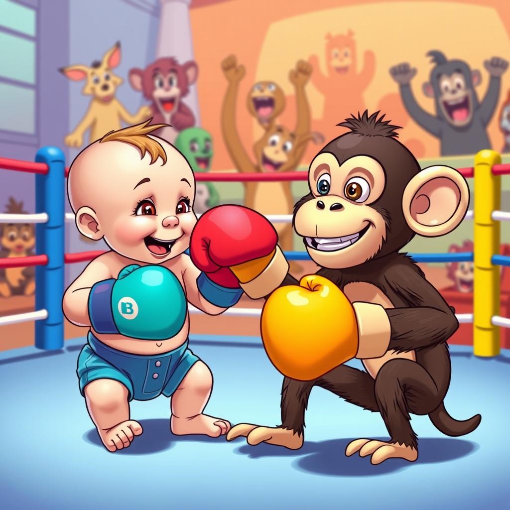 A whimsical and playful scene depicting a baby and a monkey engaging in a boxing match
