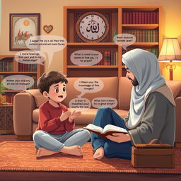 A heartwarming scene depicting a conversation between children and their parents focused on seeking knowledge of the Islamic religion