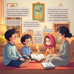 A heartwarming scene depicting a conversation between children and their parents focused on seeking knowledge of the Islamic religion