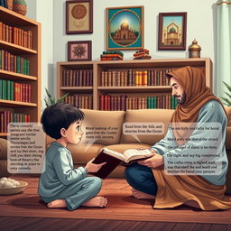 A heartwarming scene depicting a conversation between children and their parents focused on seeking knowledge of the Islamic religion