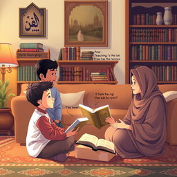 A heartwarming scene depicting a conversation between children and their parents focused on seeking knowledge of the Islamic religion