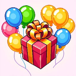 A vibrant and colorful pixel art representation of a gift pack surrounded by balloons