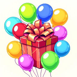 A vibrant and colorful pixel art representation of a gift pack surrounded by balloons