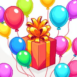 A vibrant and colorful pixel art representation of a gift pack surrounded by balloons