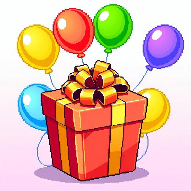 A vibrant and colorful pixel art representation of a gift pack surrounded by balloons
