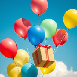 A vibrant and cheerful scene of colorful balloons, including shades of red, blue, yellow, and green, holding a beautifully wrapped gift box tied with a bright ribbon