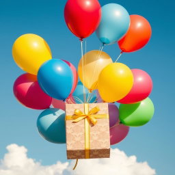 A vibrant and cheerful scene of colorful balloons, including shades of red, blue, yellow, and green, holding a beautifully wrapped gift box tied with a bright ribbon