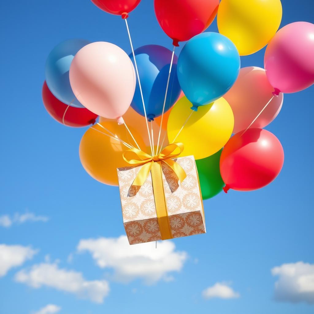 A vibrant and cheerful scene of colorful balloons, including shades of red, blue, yellow, and green, holding a beautifully wrapped gift box tied with a bright ribbon