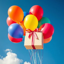 A vibrant and cheerful scene of colorful balloons, including shades of red, blue, yellow, and green, holding a beautifully wrapped gift box tied with a bright ribbon