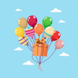 A delightful pixel art scene featuring a bunch of colorful balloons of varying sizes, each one brightly decorated, beautifully strung together to hold a large, whimsical gift box