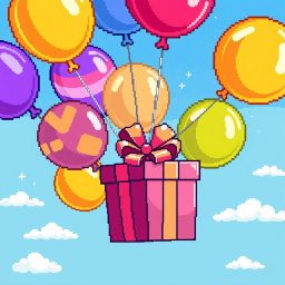 A delightful pixel art scene featuring a bunch of colorful balloons of varying sizes, each one brightly decorated, beautifully strung together to hold a large, whimsical gift box