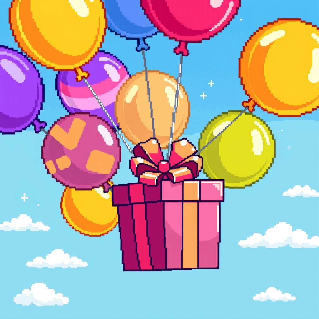 A delightful pixel art scene featuring a bunch of colorful balloons of varying sizes, each one brightly decorated, beautifully strung together to hold a large, whimsical gift box