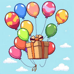 A delightful pixel art scene featuring a bunch of colorful balloons of varying sizes, each one brightly decorated, beautifully strung together to hold a large, whimsical gift box