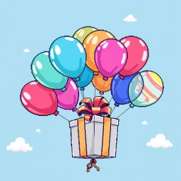 A delightful pixel art scene featuring a bunch of colorful balloons of varying sizes, each one brightly decorated, beautifully strung together to hold a large, whimsical gift box